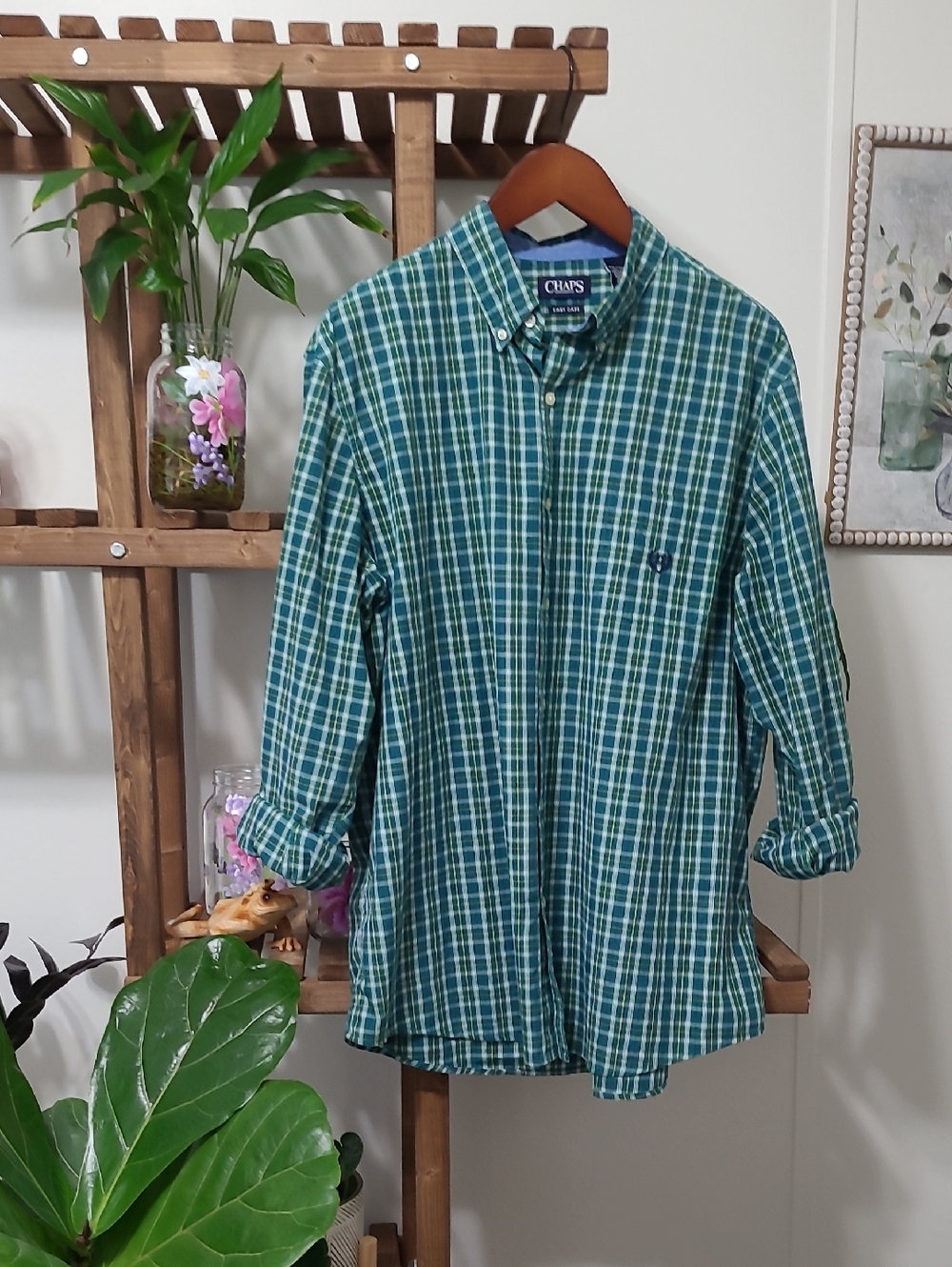 Men's Green and Blue Plaid Chaps Button Down